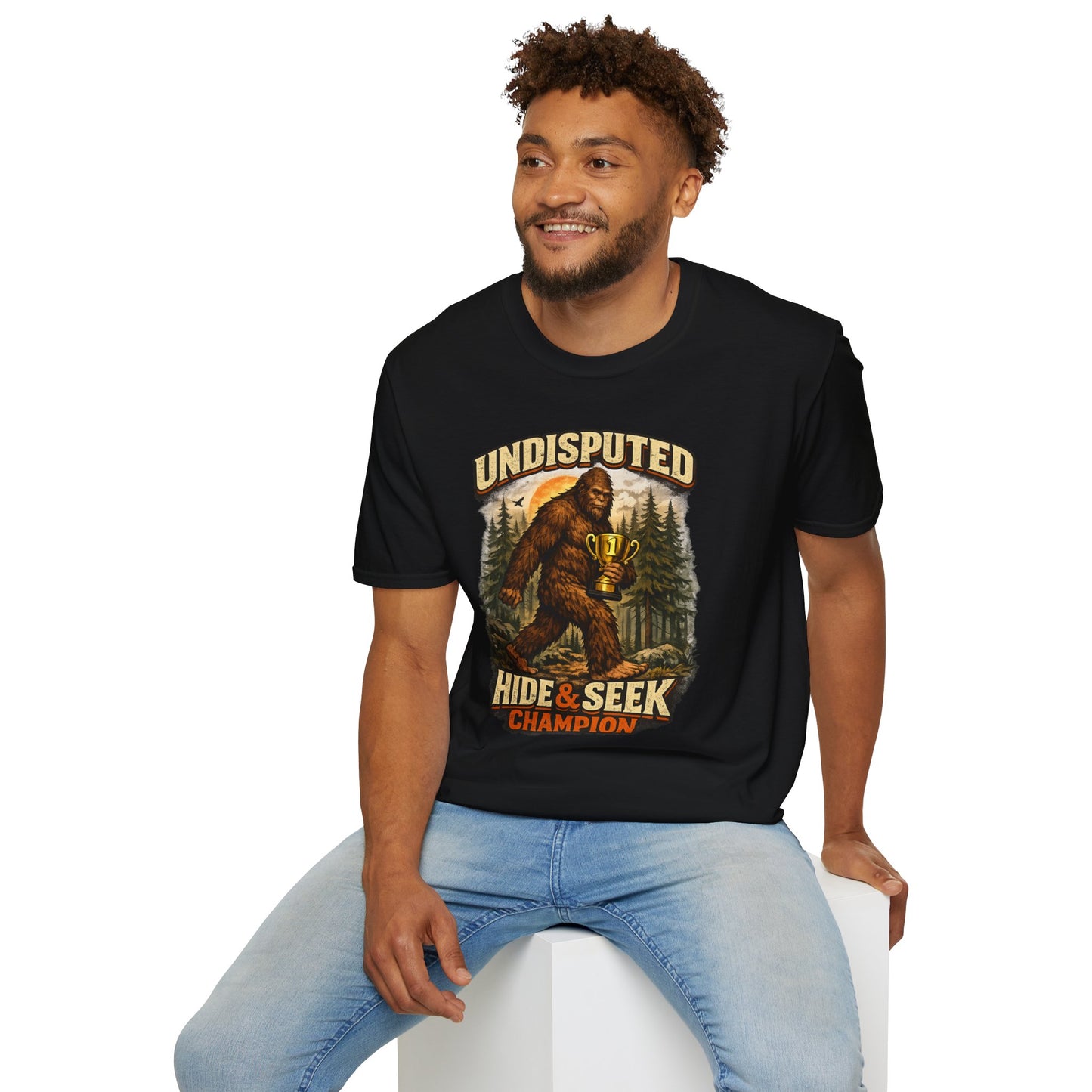 Undisputed Hide & Seek Champion T‑Shirt — Vintage Sasquatch Trophy Graphic