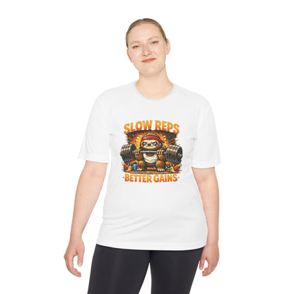 Slow Reps Better Gains Tee — Funny Sloth Weightlifting Moisture-Wicking Shirt