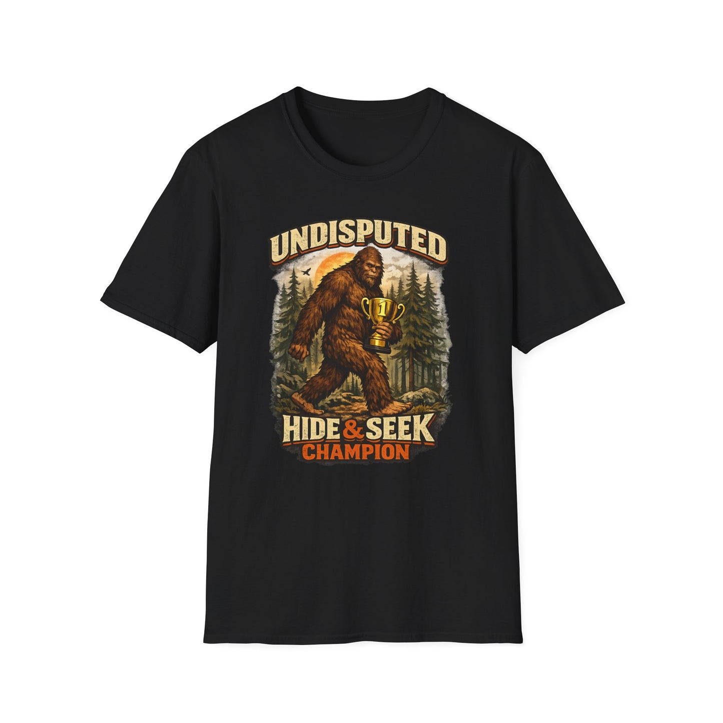 Undisputed Hide & Seek Champion T‑Shirt — Vintage Sasquatch Trophy Graphic