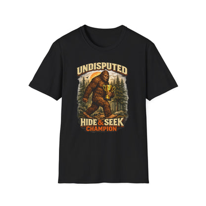 Undisputed Hide & Seek Champion T‑Shirt — Vintage Sasquatch Trophy Graphic