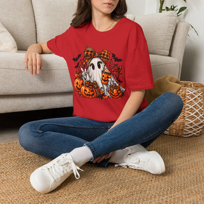 Cute Ghost Pumpkin Halloween T-Shirt — Plaid Bow Ghost with Jack-o'-Lanterns
