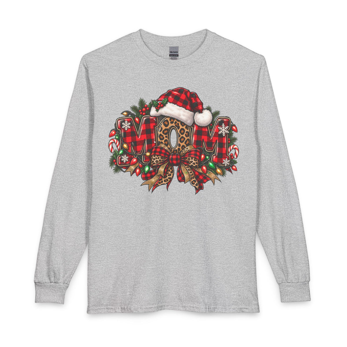 Christmas Leopard Wreath Mom Long Sleeve Tee — Buffalo Plaid Santa Hat Holiday Shirt