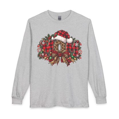 Christmas Leopard Wreath Mom Long Sleeve Tee — Buffalo Plaid Santa Hat Holiday Shirt