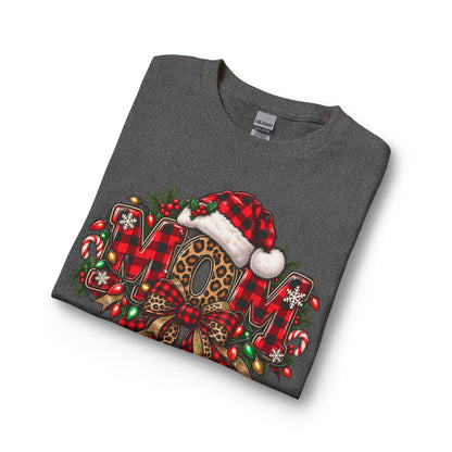 Christmas Leopard Wreath Mom Long Sleeve Tee — Buffalo Plaid Santa Hat Holiday Shirt