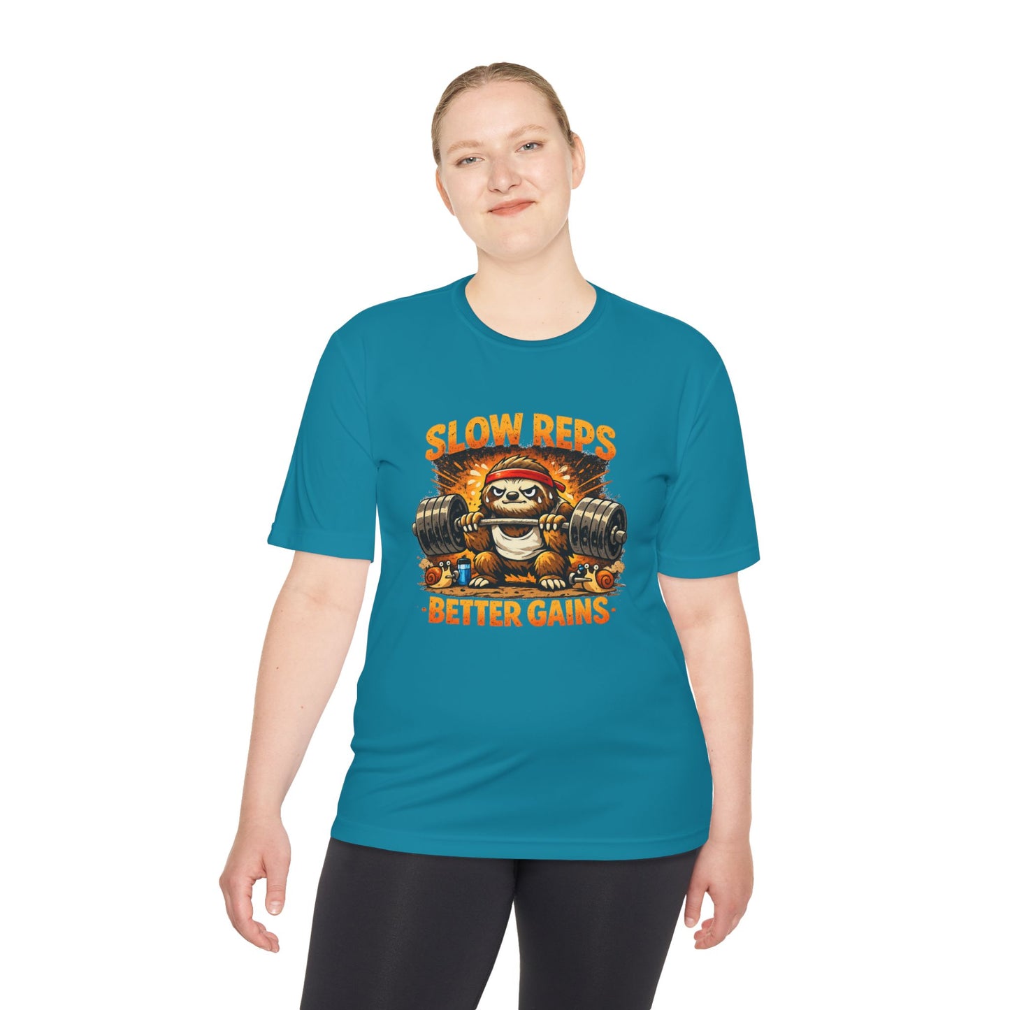 Slow Reps Better Gains Tee — Funny Sloth Weightlifting Moisture-Wicking Shirt