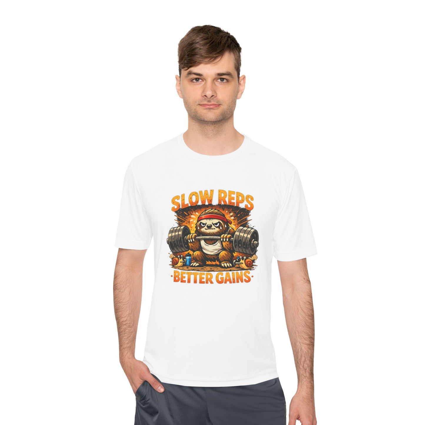 Slow Reps Better Gains Tee — Funny Sloth Weightlifting Moisture-Wicking Shirt