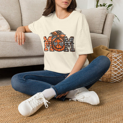 Halloween Mom T-Shirt – Plaid Pumpkin "MOM" Graphic Tee