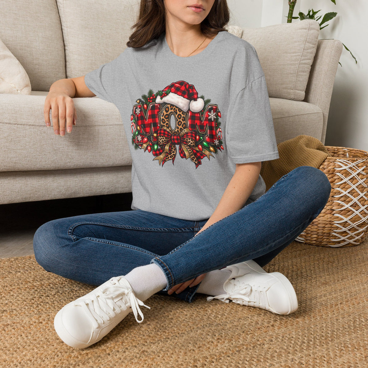 Christmas Mom T-Shirt – Holiday Plaid Santa Hat Café Design