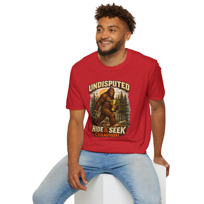 Undisputed Hide & Seek Champion T‑Shirt — Vintage Sasquatch Trophy Graphic