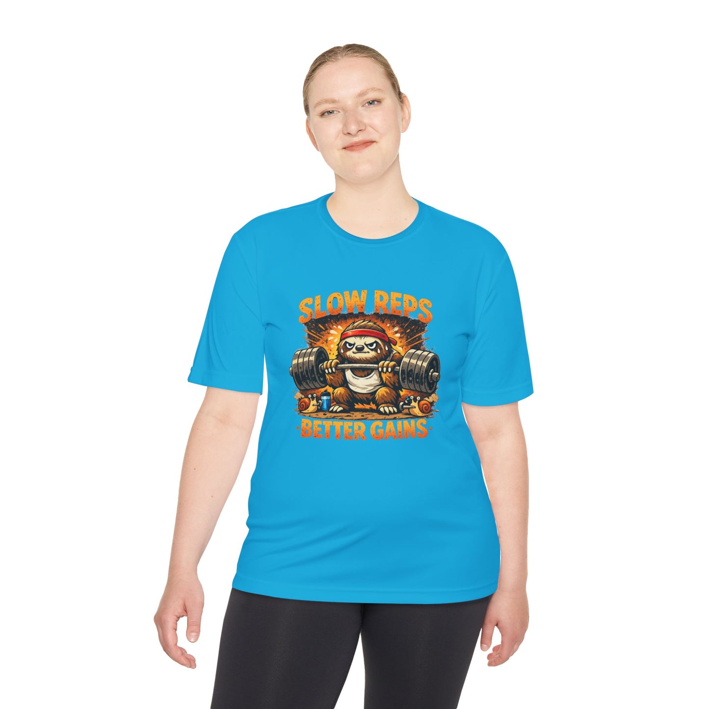 Slow Reps Better Gains Tee — Funny Sloth Weightlifting Moisture-Wicking Shirt