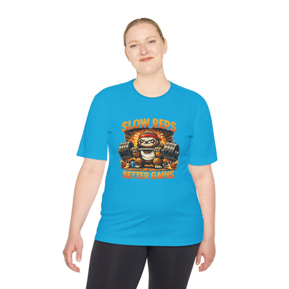 Slow Reps Better Gains Tee — Funny Sloth Weightlifting Moisture-Wicking Shirt