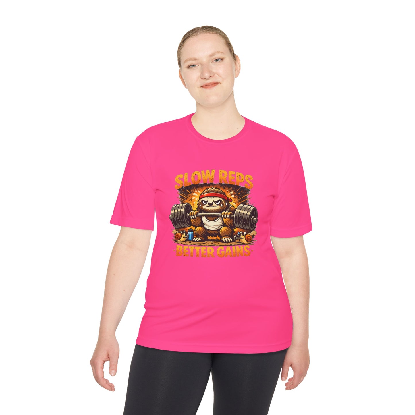 Slow Reps Better Gains Tee — Funny Sloth Weightlifting Moisture-Wicking Shirt