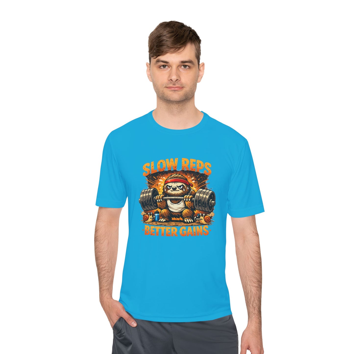 Slow Reps Better Gains Tee — Funny Sloth Weightlifting Moisture-Wicking Shirt