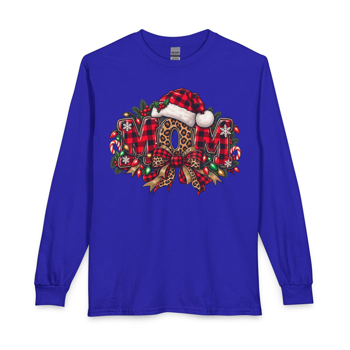 Christmas Leopard Wreath Mom Long Sleeve Tee — Buffalo Plaid Santa Hat Holiday Shirt
