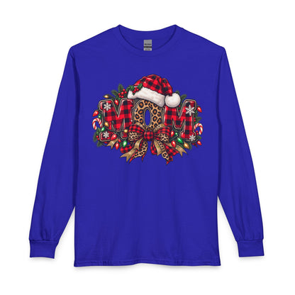 Christmas Leopard Wreath Mom Long Sleeve Tee — Buffalo Plaid Santa Hat Holiday Shirt
