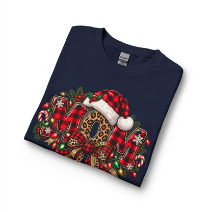 Christmas Leopard Wreath Mom Long Sleeve Tee — Buffalo Plaid Santa Hat Holiday Shirt