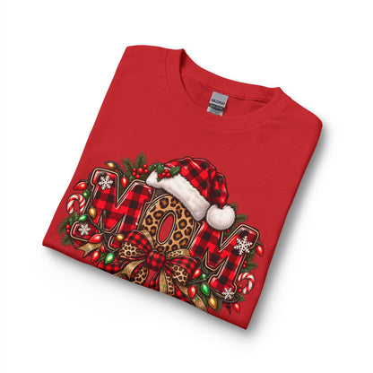 Christmas Leopard Wreath Mom Long Sleeve Tee — Buffalo Plaid Santa Hat Holiday Shirt