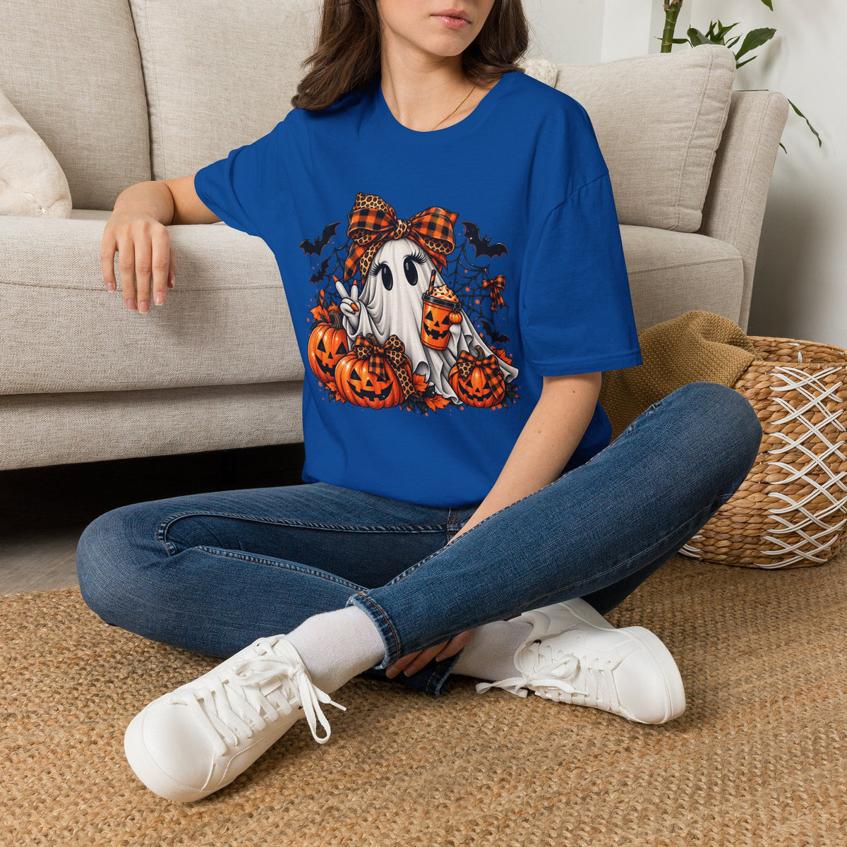 Cute Ghost Pumpkin Halloween T-Shirt — Plaid Bow Ghost with Jack-o'-Lanterns