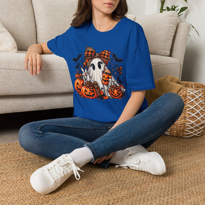 Cute Ghost Pumpkin Halloween T-Shirt — Plaid Bow Ghost with Jack-o'-Lanterns