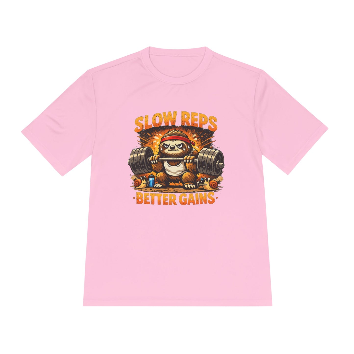 Slow Reps Better Gains Tee — Funny Sloth Weightlifting Moisture-Wicking Shirt