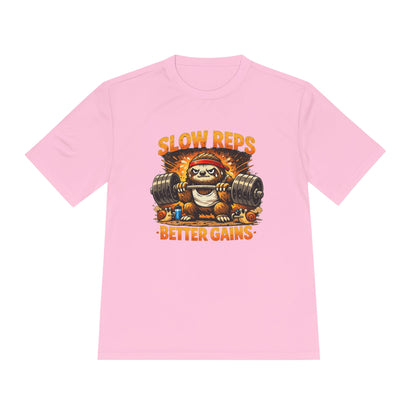 Slow Reps Better Gains Tee — Funny Sloth Weightlifting Moisture-Wicking Shirt