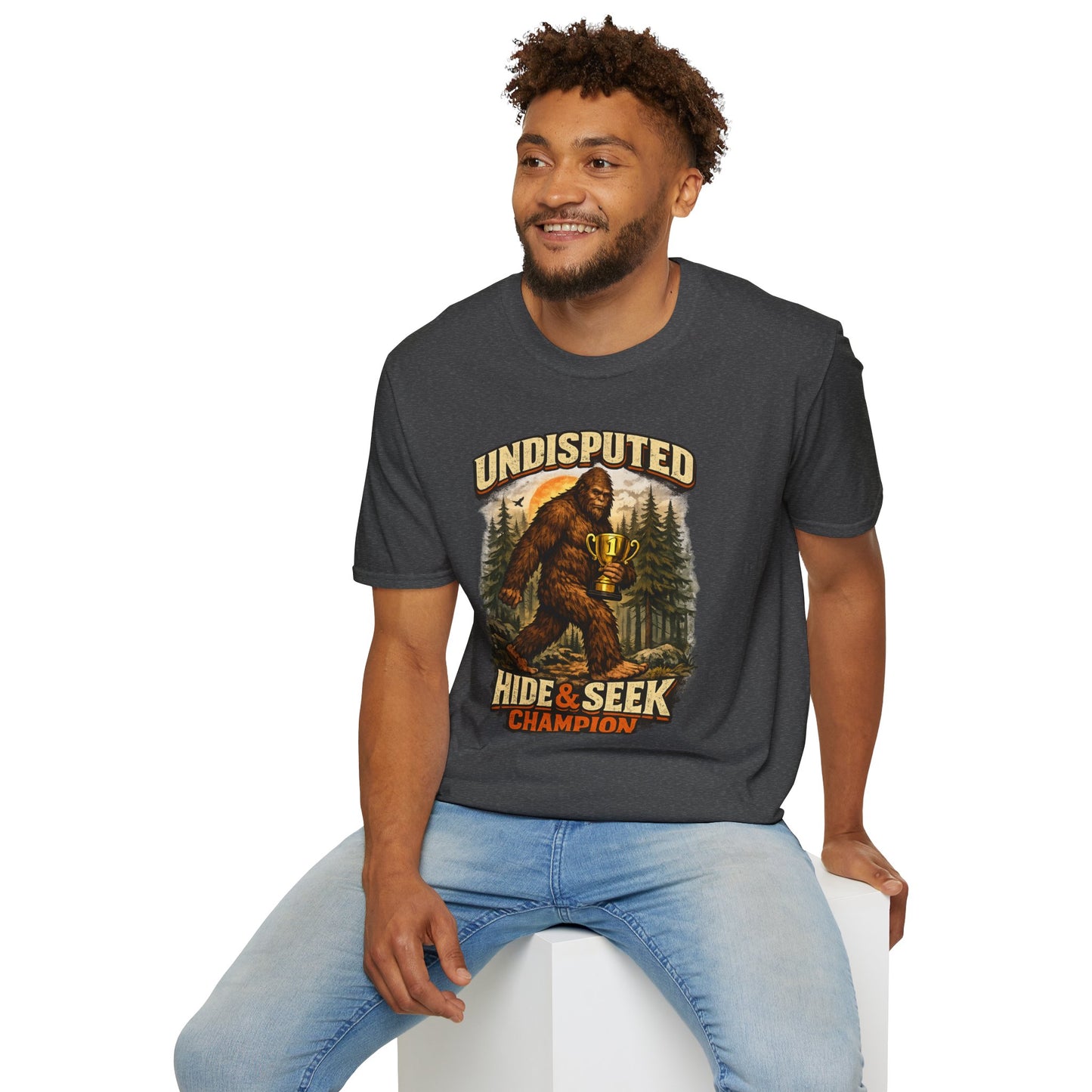 Undisputed Hide & Seek Champion T‑Shirt — Vintage Sasquatch Trophy Graphic