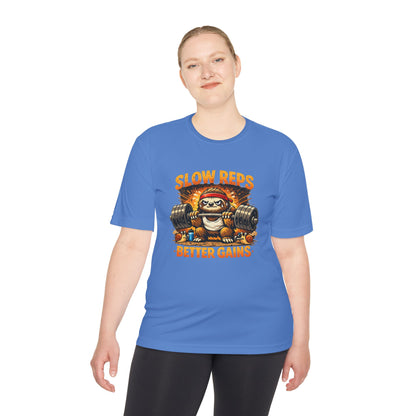 Slow Reps Better Gains Tee — Funny Sloth Weightlifting Moisture-Wicking Shirt