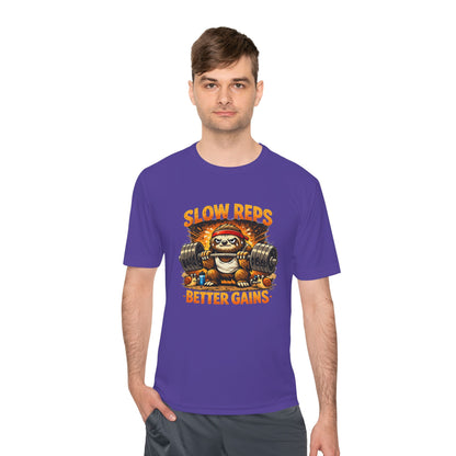 Slow Reps Better Gains Tee — Funny Sloth Weightlifting Moisture-Wicking Shirt