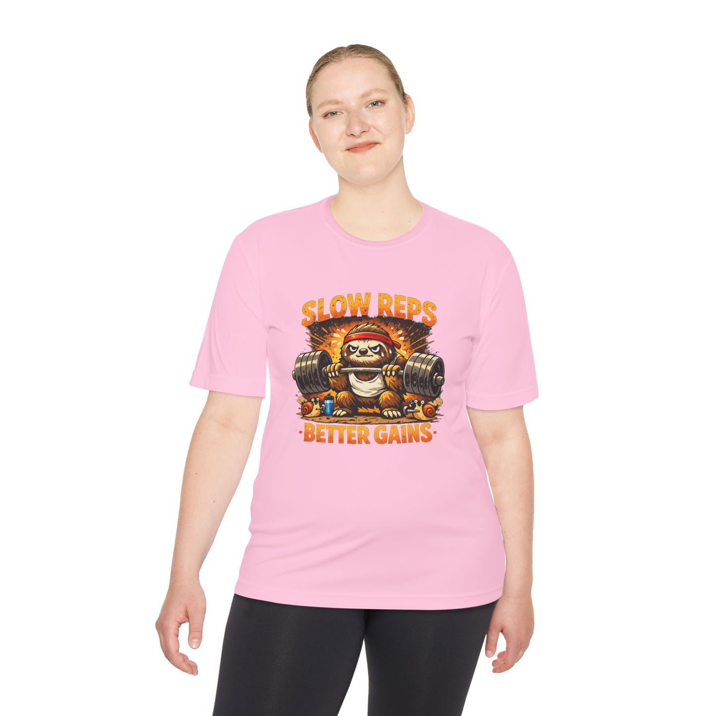 Slow Reps Better Gains Tee — Funny Sloth Weightlifting Moisture-Wicking Shirt