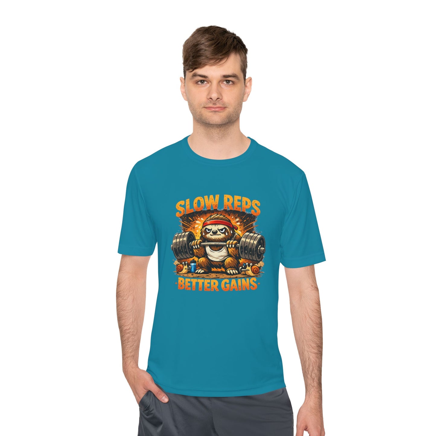 Slow Reps Better Gains Tee — Funny Sloth Weightlifting Moisture-Wicking Shirt