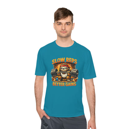 Slow Reps Better Gains Tee — Funny Sloth Weightlifting Moisture-Wicking Shirt