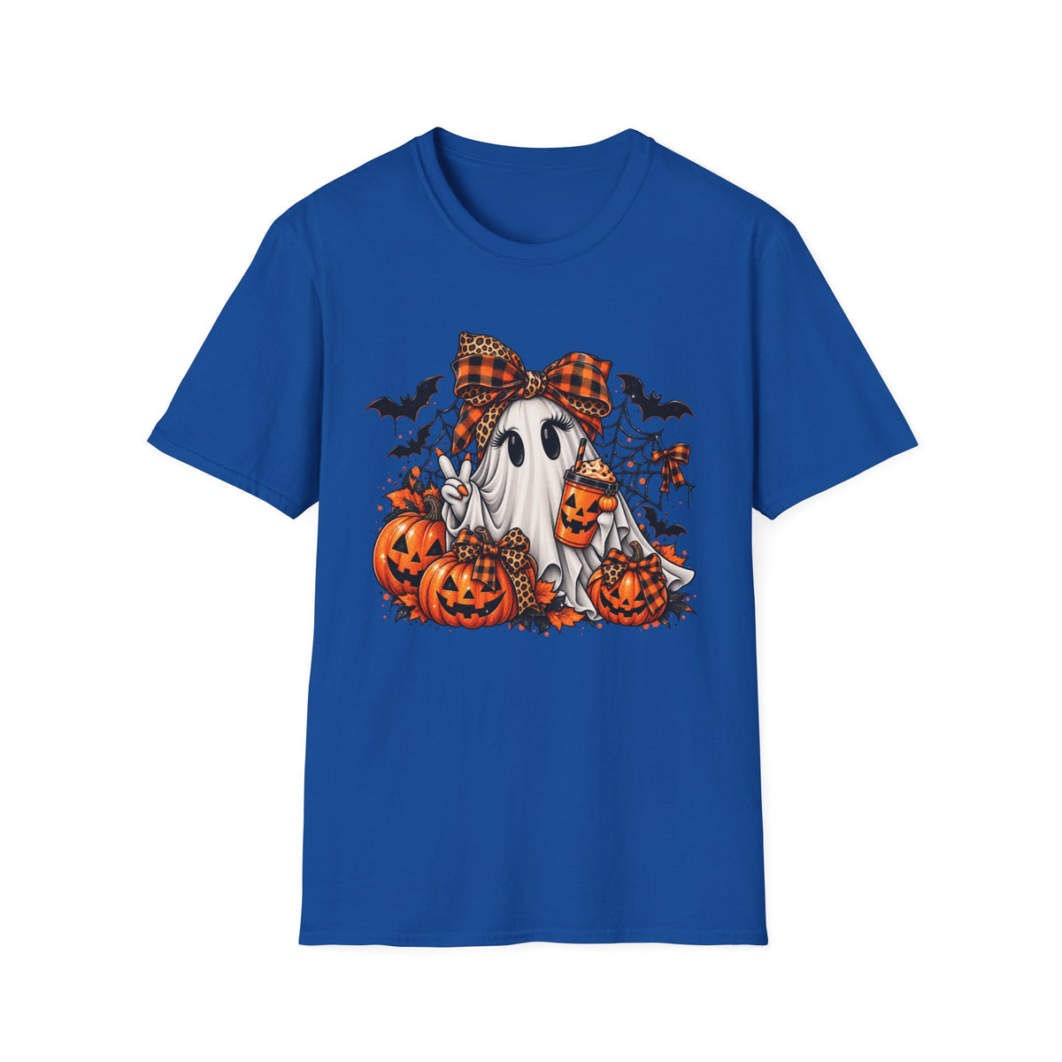 Cute Ghost Pumpkin Halloween T-Shirt — Plaid Bow Ghost with Jack-o'-Lanterns