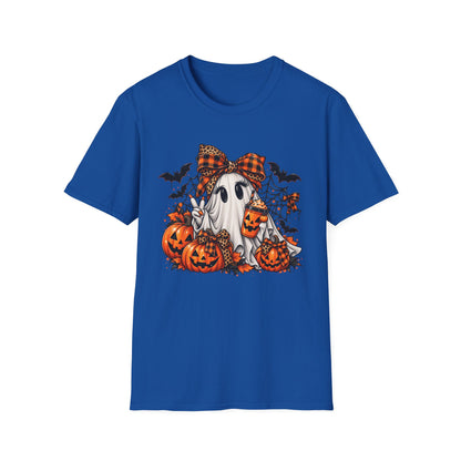 Cute Ghost Pumpkin Halloween T-Shirt — Plaid Bow Ghost with Jack-o'-Lanterns