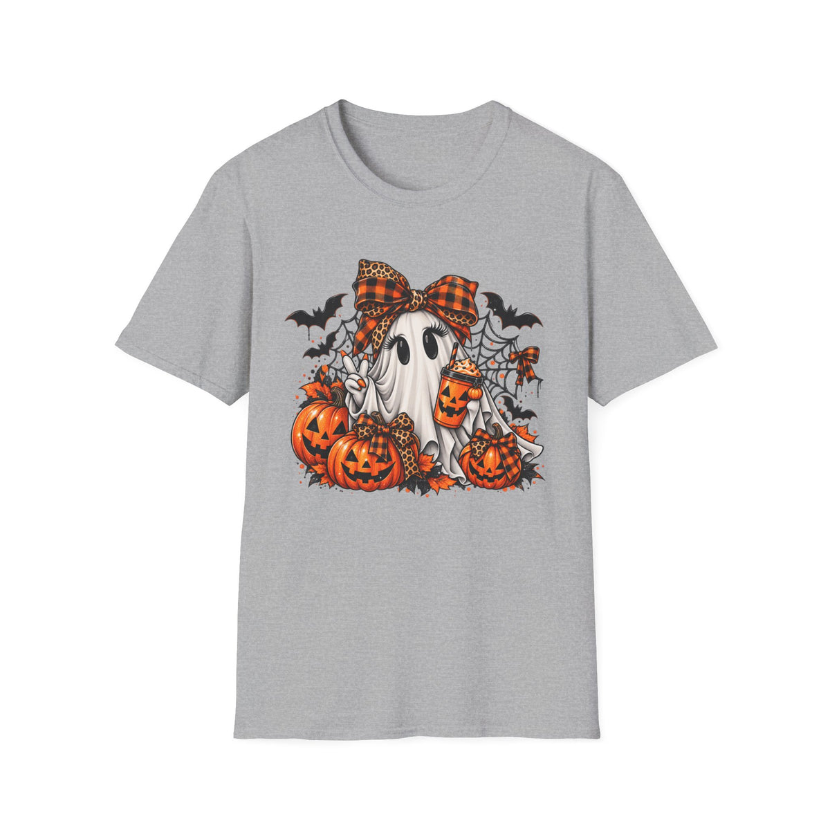 Cute Ghost Pumpkin Halloween T-Shirt — Plaid Bow Ghost with Jack-o'-Lanterns