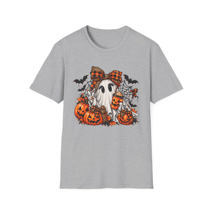 Cute Ghost Pumpkin Halloween T-Shirt — Plaid Bow Ghost with Jack-o'-Lanterns