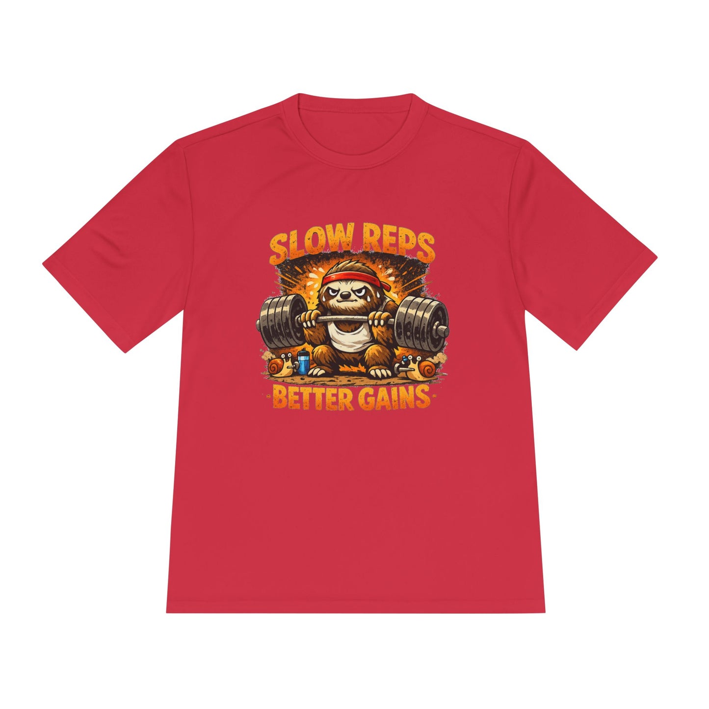 Slow Reps Better Gains Tee — Funny Sloth Weightlifting Moisture-Wicking Shirt