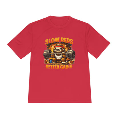 Slow Reps Better Gains Tee — Funny Sloth Weightlifting Moisture-Wicking Shirt