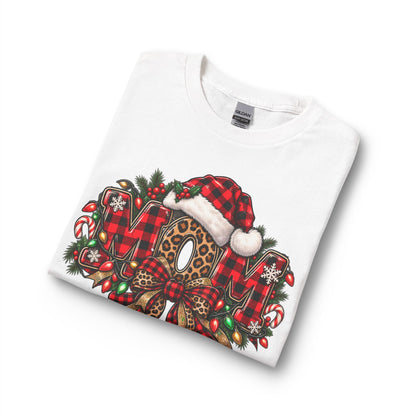 Christmas Leopard Wreath Mom Long Sleeve Tee — Buffalo Plaid Santa Hat Holiday Shirt