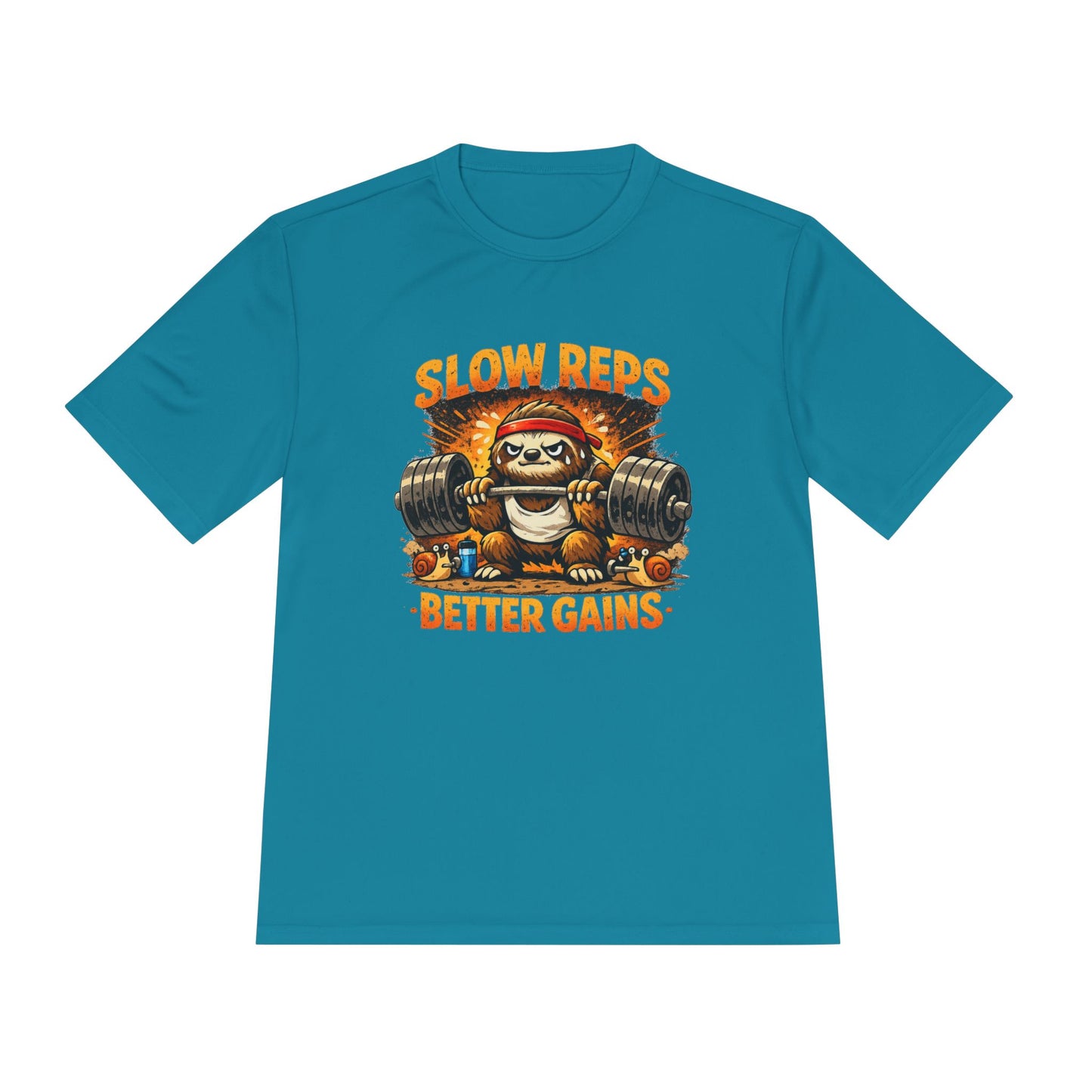 Slow Reps Better Gains Tee — Funny Sloth Weightlifting Moisture-Wicking Shirt