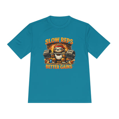 Slow Reps Better Gains Tee — Funny Sloth Weightlifting Moisture-Wicking Shirt