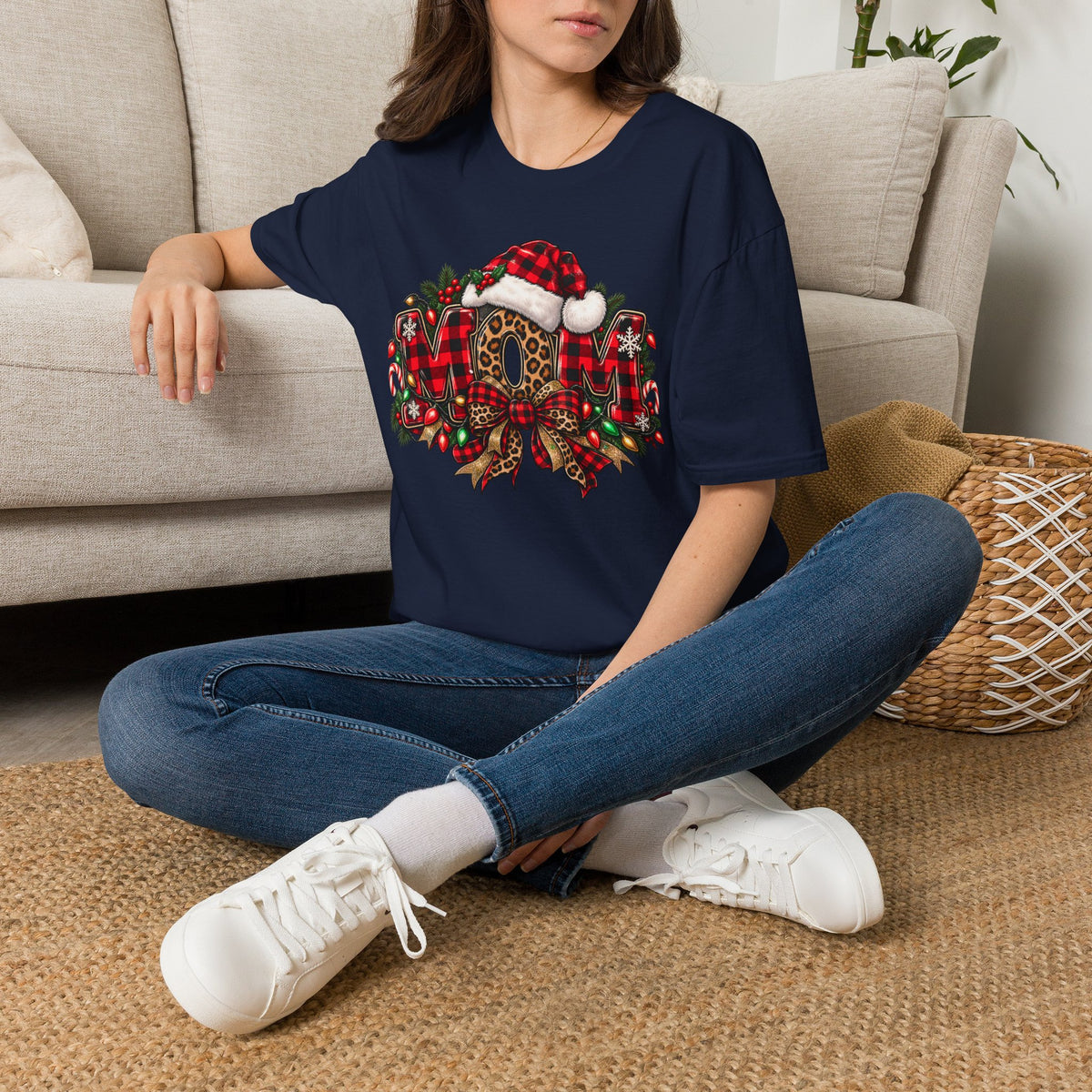 Christmas Mom T-Shirt – Holiday Plaid Santa Hat Café Design