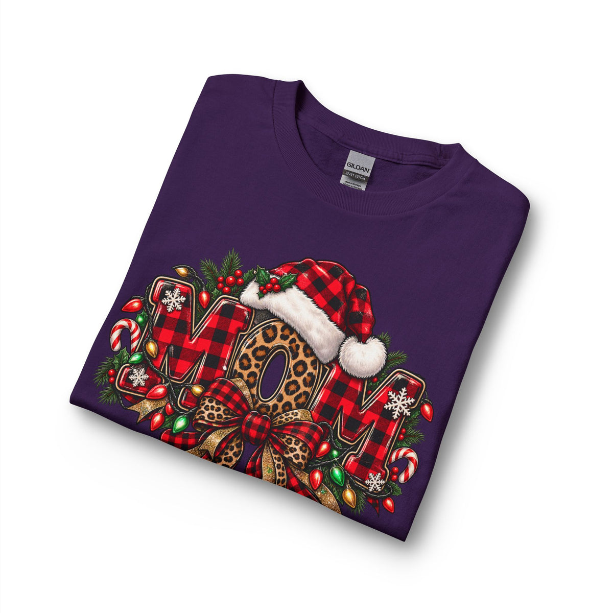 Christmas Leopard Wreath Mom Long Sleeve Tee — Buffalo Plaid Santa Hat Holiday Shirt