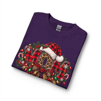 Christmas Leopard Wreath Mom Long Sleeve Tee — Buffalo Plaid Santa Hat Holiday Shirt