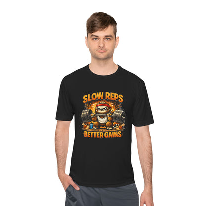 Slow Reps Better Gains Tee — Funny Sloth Weightlifting Moisture-Wicking Shirt