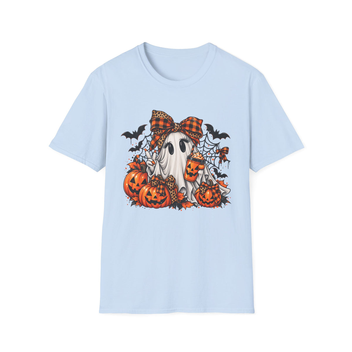 Cute Ghost Pumpkin Halloween T-Shirt — Plaid Bow Ghost with Jack-o'-Lanterns