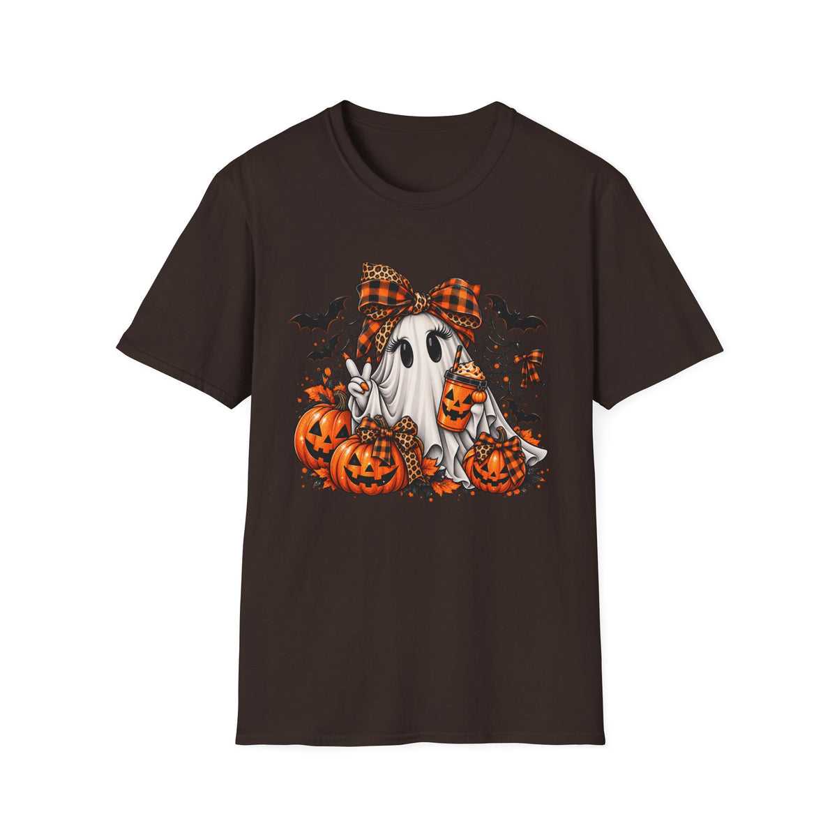 Cute Ghost Pumpkin Halloween T-Shirt — Plaid Bow Ghost with Jack-o'-Lanterns