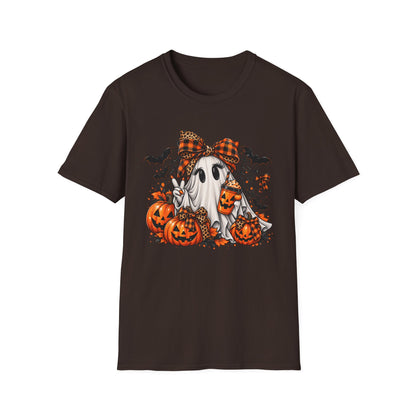 Cute Ghost Pumpkin Halloween T-Shirt — Plaid Bow Ghost with Jack-o'-Lanterns