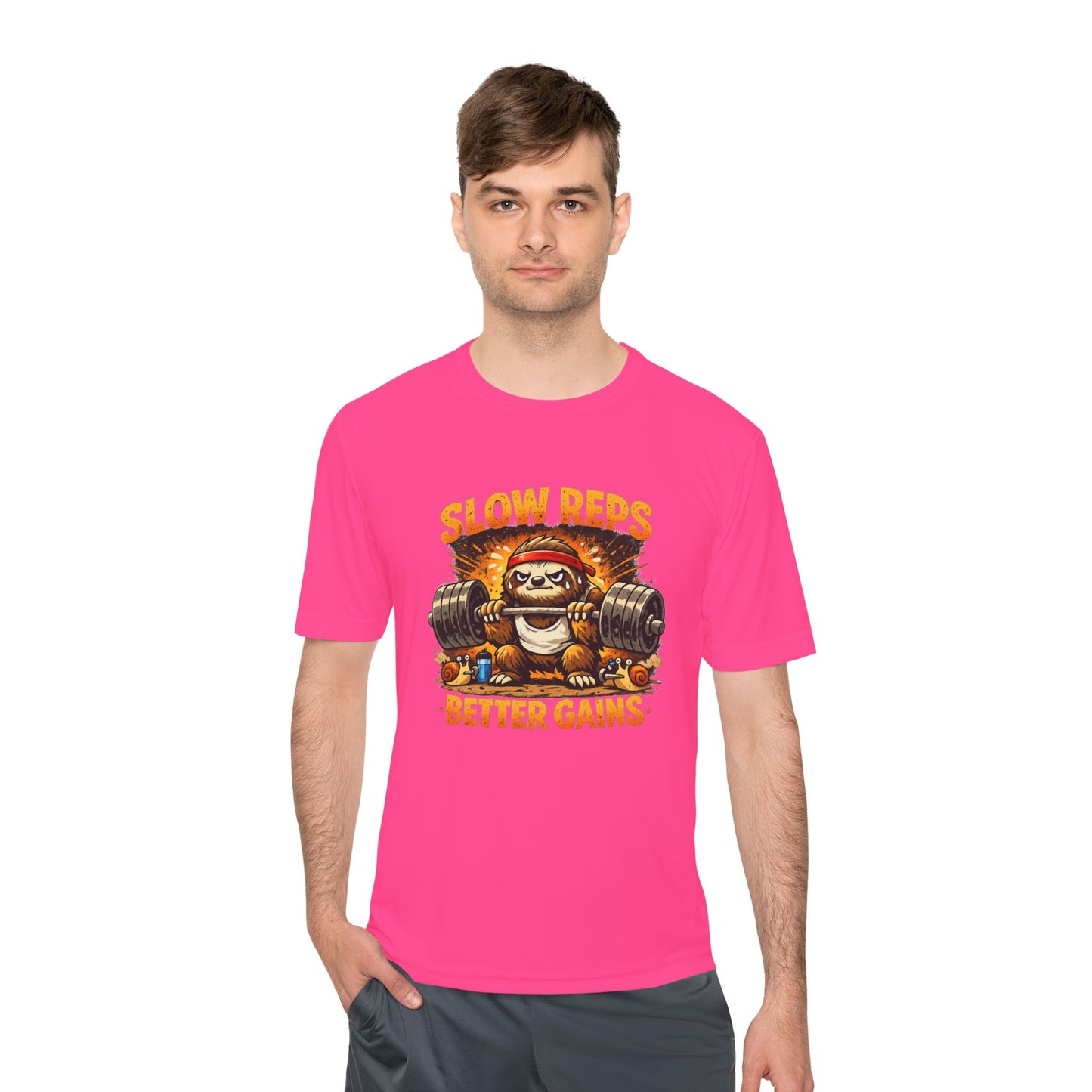 Slow Reps Better Gains Tee — Funny Sloth Weightlifting Moisture-Wicking Shirt