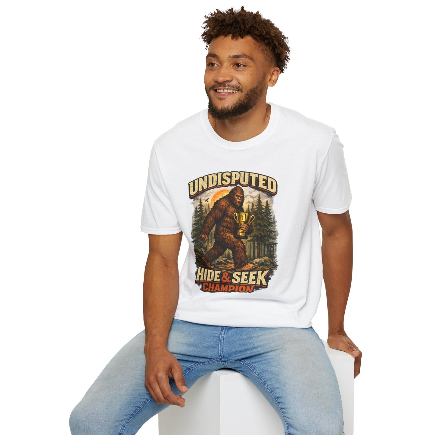Undisputed Hide & Seek Champion T‑Shirt — Vintage Sasquatch Trophy Graphic
