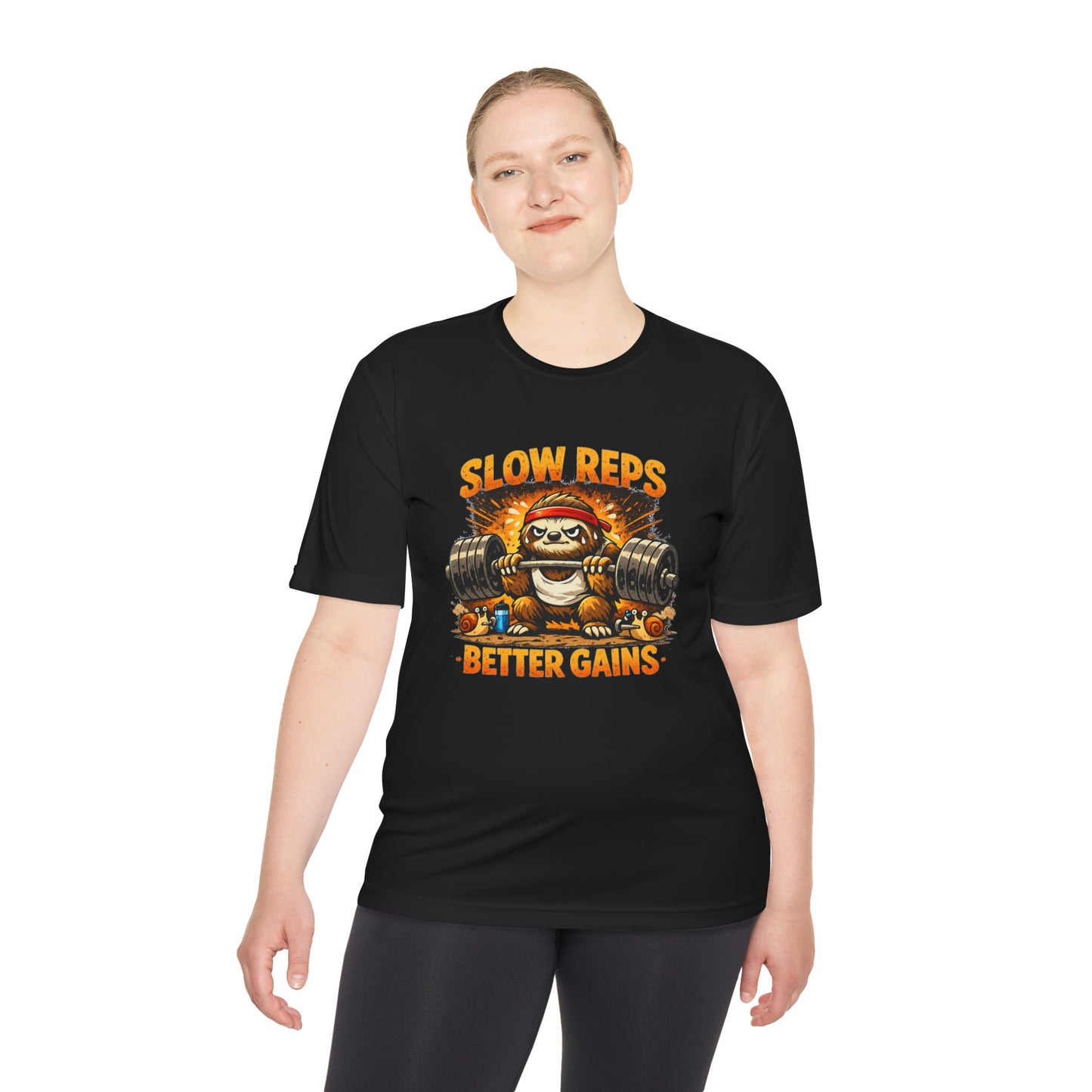 Slow Reps Better Gains Tee — Funny Sloth Weightlifting Moisture-Wicking Shirt